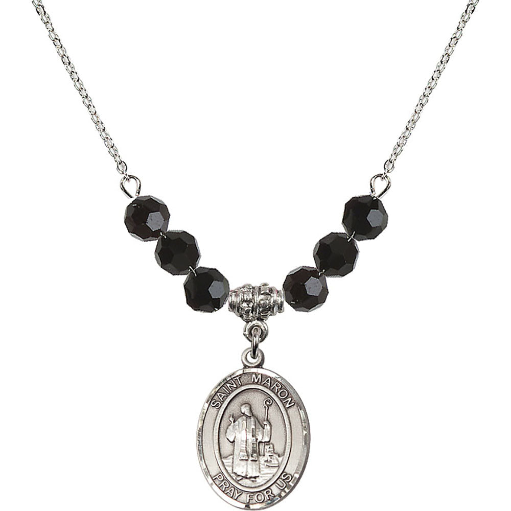 Sterling Silver Saint Maron Birthstone Necklace with Jet Beads - 8417