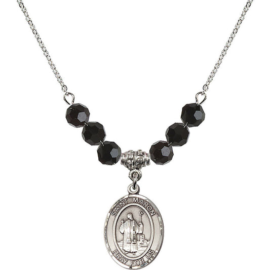 Sterling Silver Saint Maron Birthstone Necklace with Jet Beads - 8417
