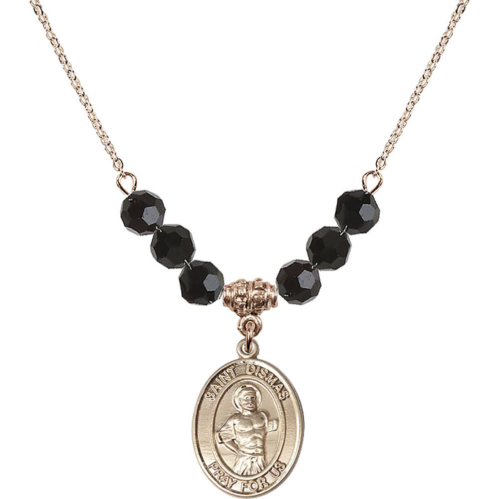 14kt Gold Filled Saint Dismas Birthstone Necklace with Jet Beads - 8418