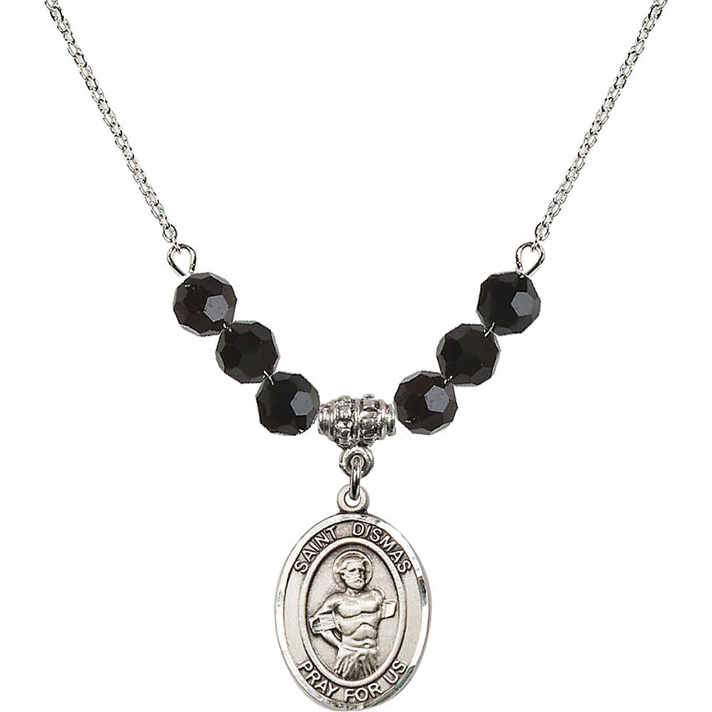 Sterling Silver Saint Dismas Birthstone Necklace with Jet Beads - 8418