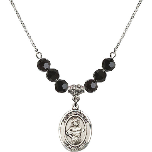 Sterling Silver Saint Dismas Birthstone Necklace with Jet Beads - 8418