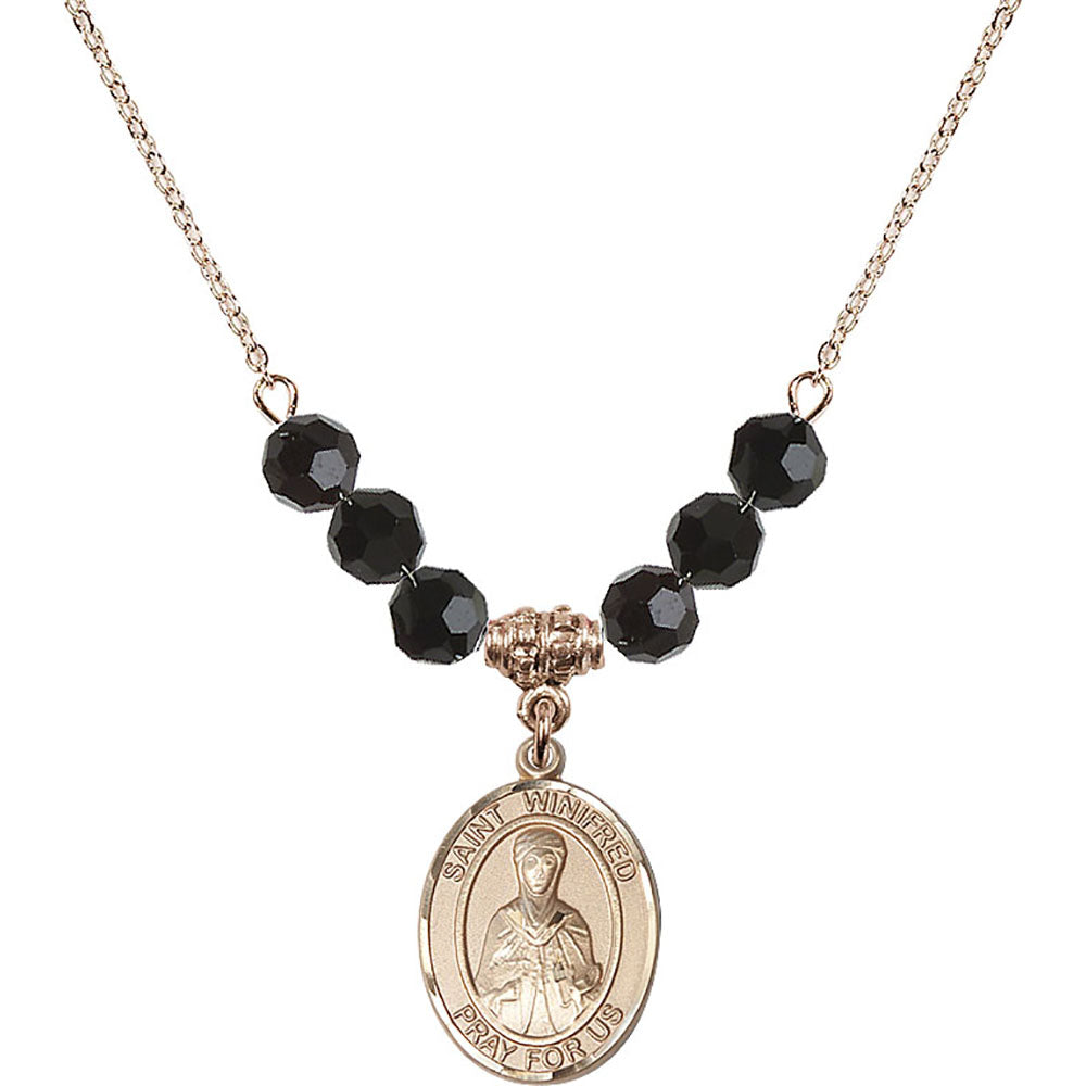 14kt Gold Filled Saint Winifred of Wales Birthstone Necklace with Jet Beads - 8419