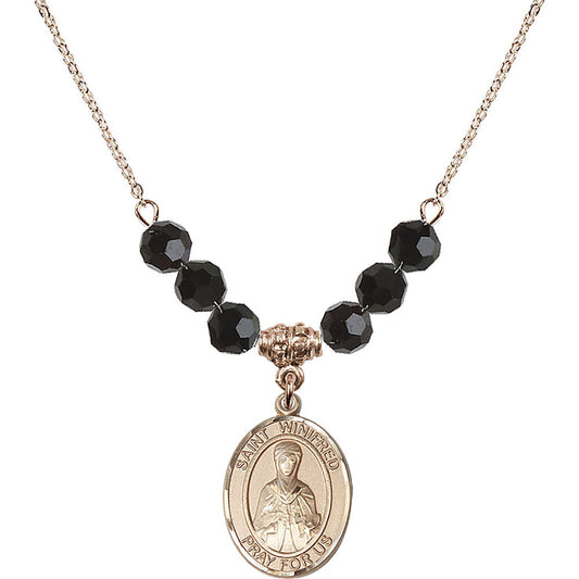 14kt Gold Filled Saint Winifred of Wales Birthstone Necklace with Jet Beads - 8419