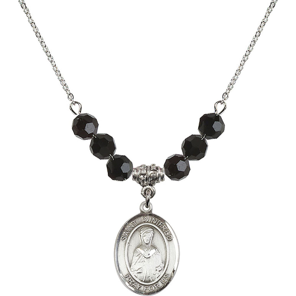 Sterling Silver Saint Winifred of Wales Birthstone Necklace with Jet Beads - 8419