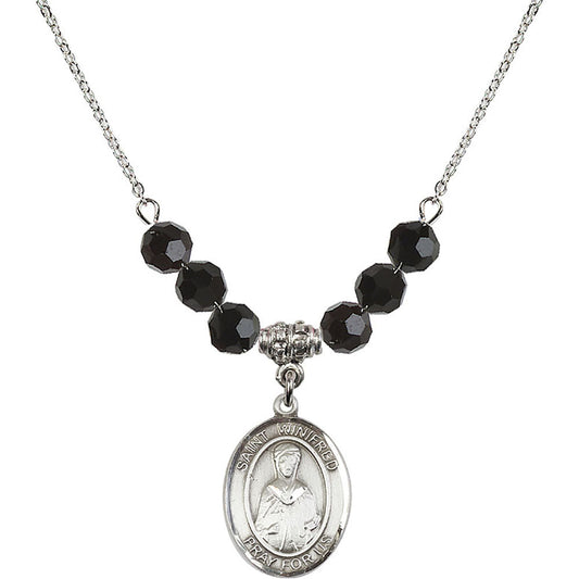Sterling Silver Saint Winifred of Wales Birthstone Necklace with Jet Beads - 8419