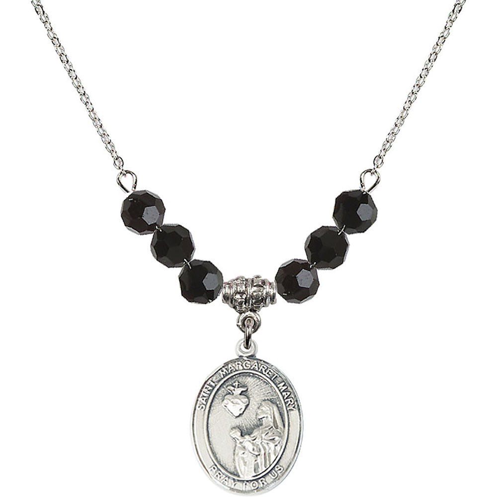 Sterling Silver Saint Margaret Mary Alacoque Birthstone Necklace with Jet Beads - 8420