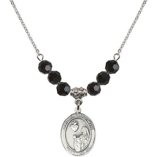 Sterling Silver Saint Margaret Mary Alacoque Birthstone Necklace with Jet Beads - 8420