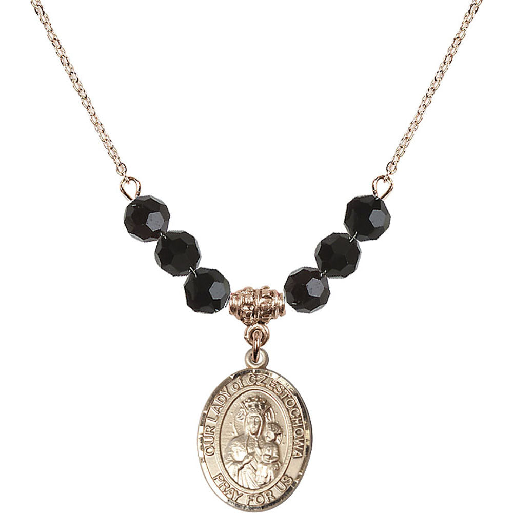 14kt Gold Filled Our Lady of Czestochowa Birthstone Necklace with Jet Beads - 8421