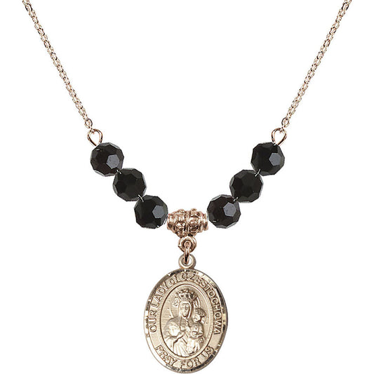 14kt Gold Filled Our Lady of Czestochowa Birthstone Necklace with Jet Beads - 8421