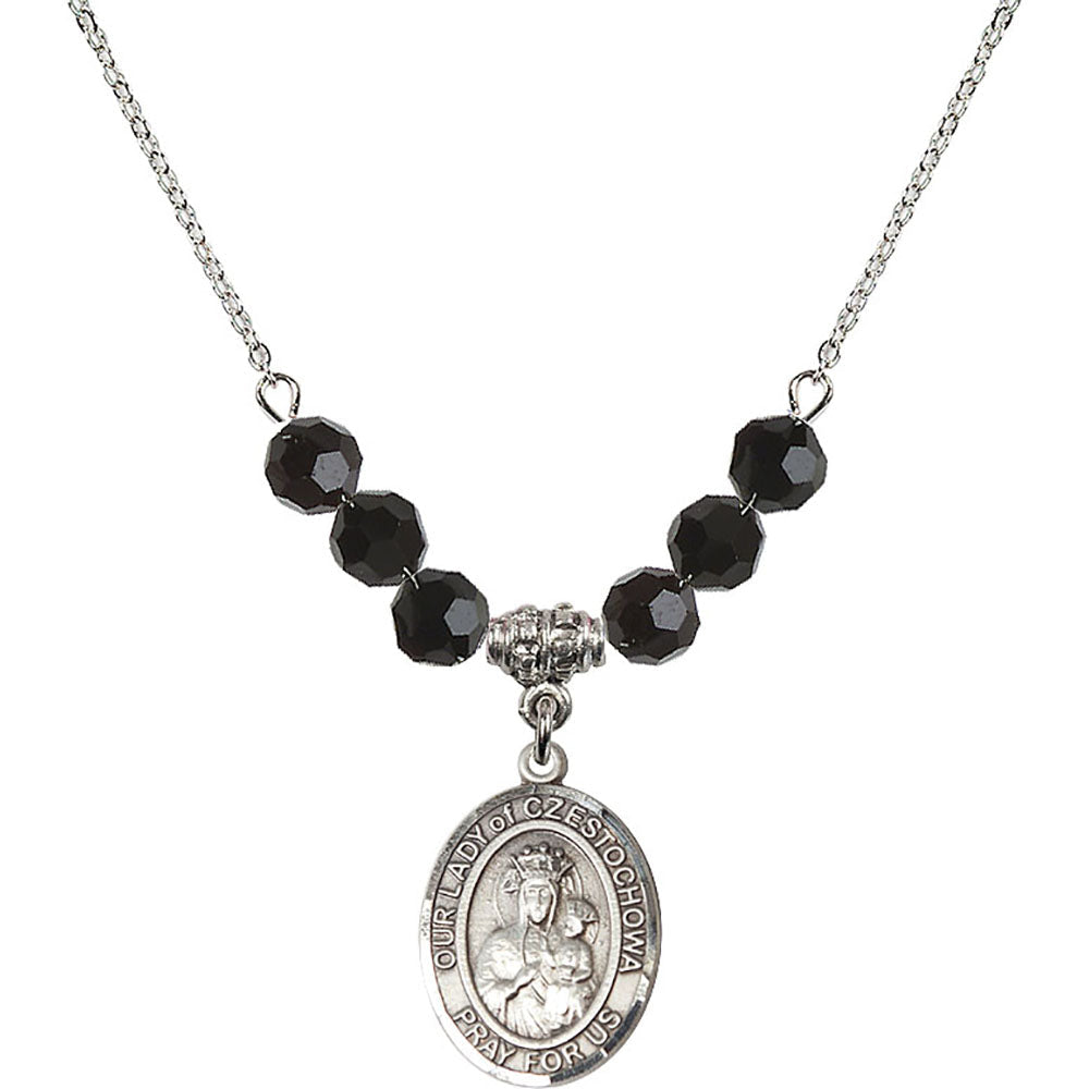 Sterling Silver Our Lady of Czestochowa Birthstone Necklace with Jet Beads - 8421