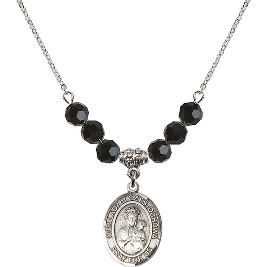 Sterling Silver Our Lady of Czestochowa Birthstone Necklace with Jet Beads - 8421