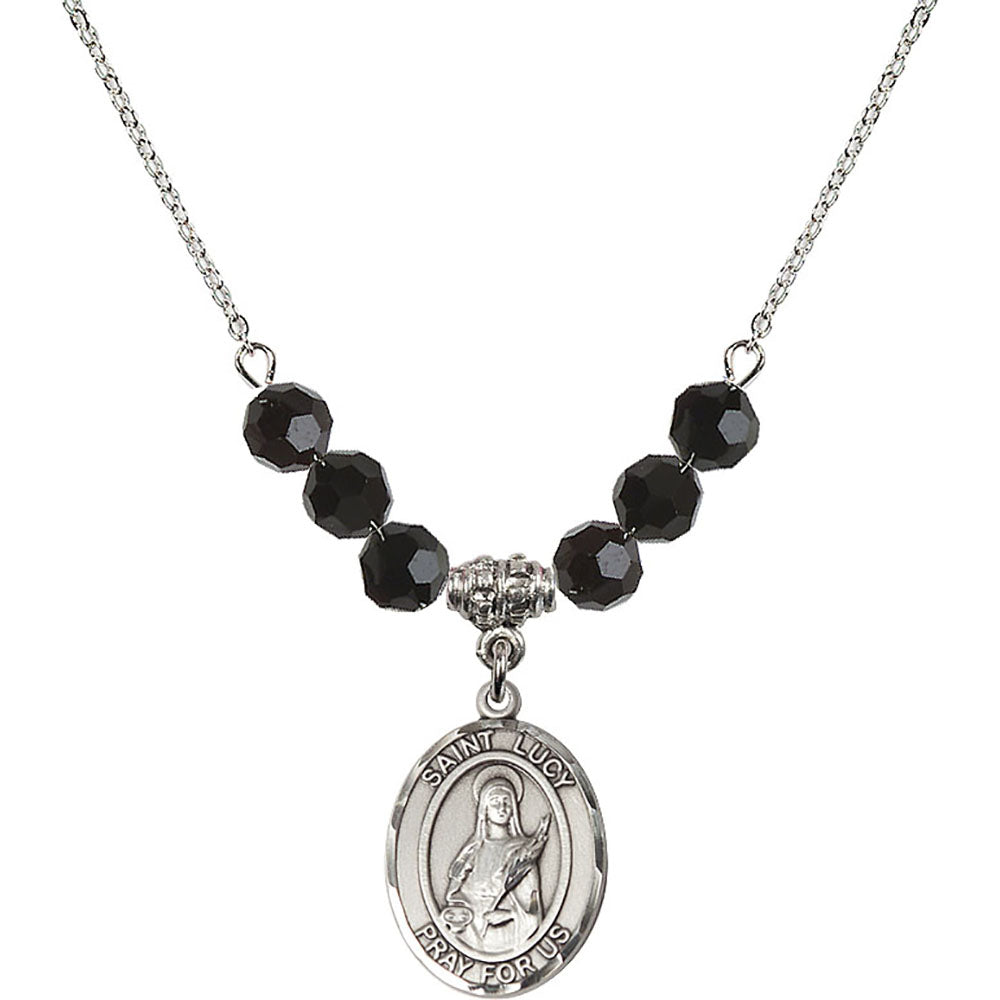 Sterling Silver Saint Lucy Birthstone Necklace with Jet Beads - 8422