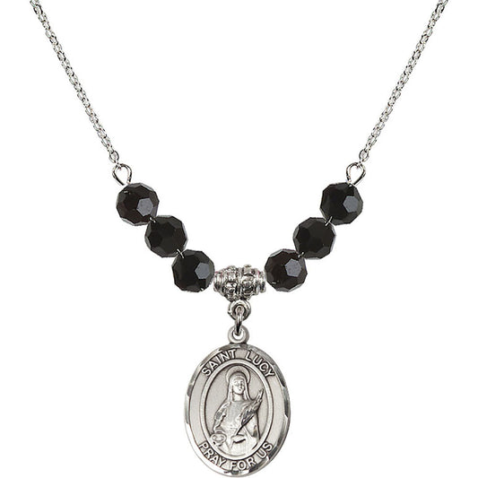 Sterling Silver Saint Lucy Birthstone Necklace with Jet Beads - 8422