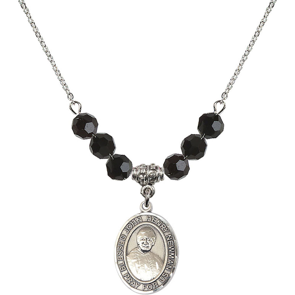 Sterling Silver Blessed John Henry Newman Birthstone Necklace with Jet Beads - 8423