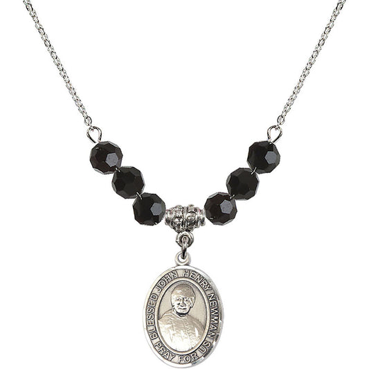 Sterling Silver Blessed John Henry Newman Birthstone Necklace with Jet Beads - 8423