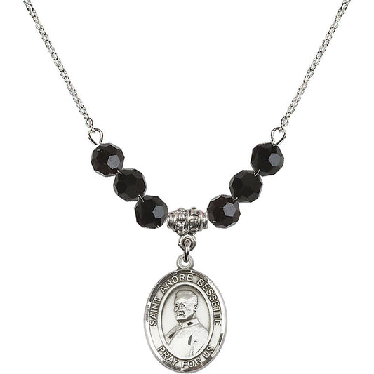 Sterling Silver Saint Andre Bessette Birthstone Necklace with Jet Beads - 8424