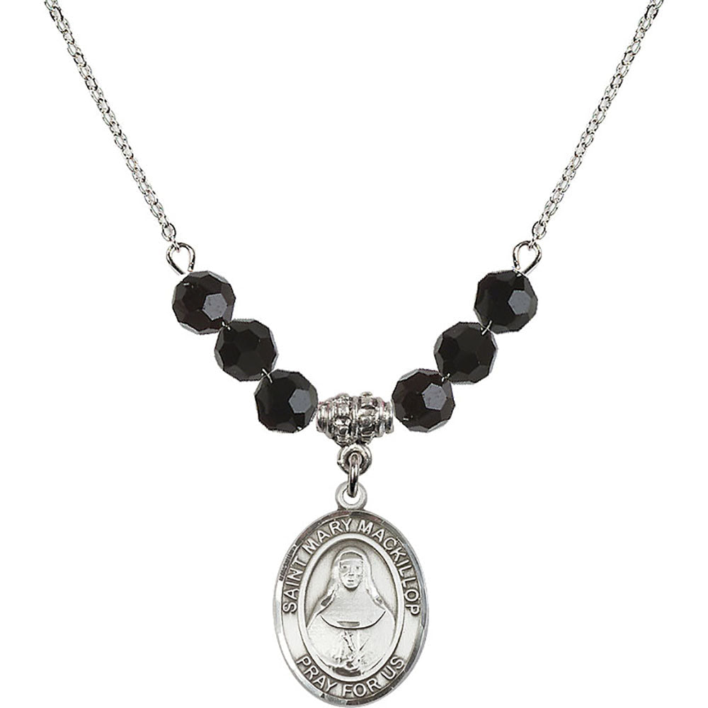 Sterling Silver Saint Mary Mackillop Birthstone Necklace with Jet Beads - 8425