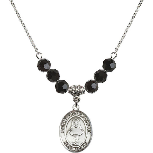 Sterling Silver Saint Mary Mackillop Birthstone Necklace with Jet Beads - 8425
