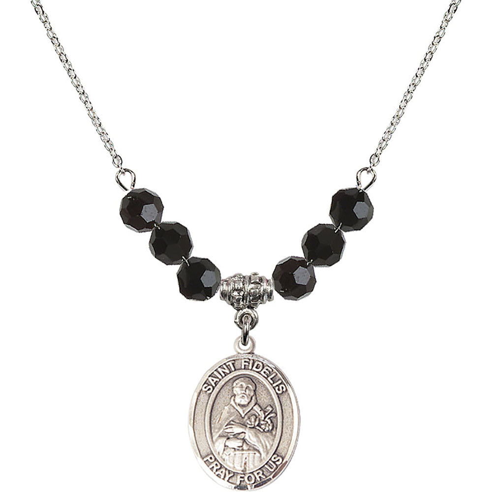 Sterling Silver Saint Fidelis Birthstone Necklace with Jet Beads - 8426