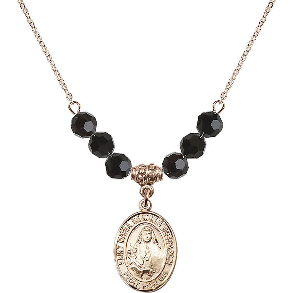 14kt Gold Filled Saint Maria Bertilla Boscardin Birthstone Necklace with Jet Beads - 8428