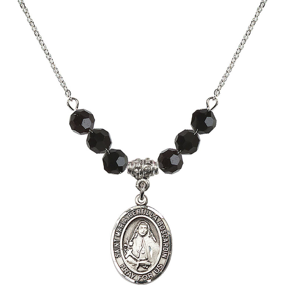 Sterling Silver Saint Maria Bertilla Boscardin Birthstone Necklace with Jet Beads - 8428