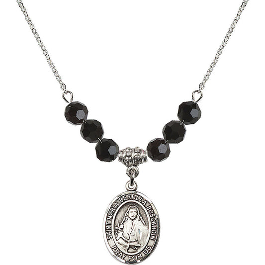 Sterling Silver Saint Maria Bertilla Boscardin Birthstone Necklace with Jet Beads - 8428