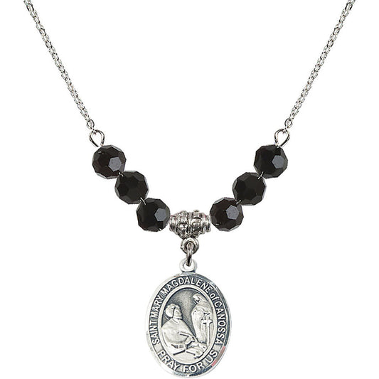Sterling Silver Saint Mary Magdalene of Canossa Birthstone Necklace with Jet Beads - 8429