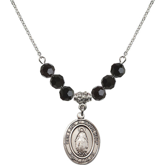 Sterling Silver Our Lady Of Good Help Birthstone Necklace with Jet Beads - 8431