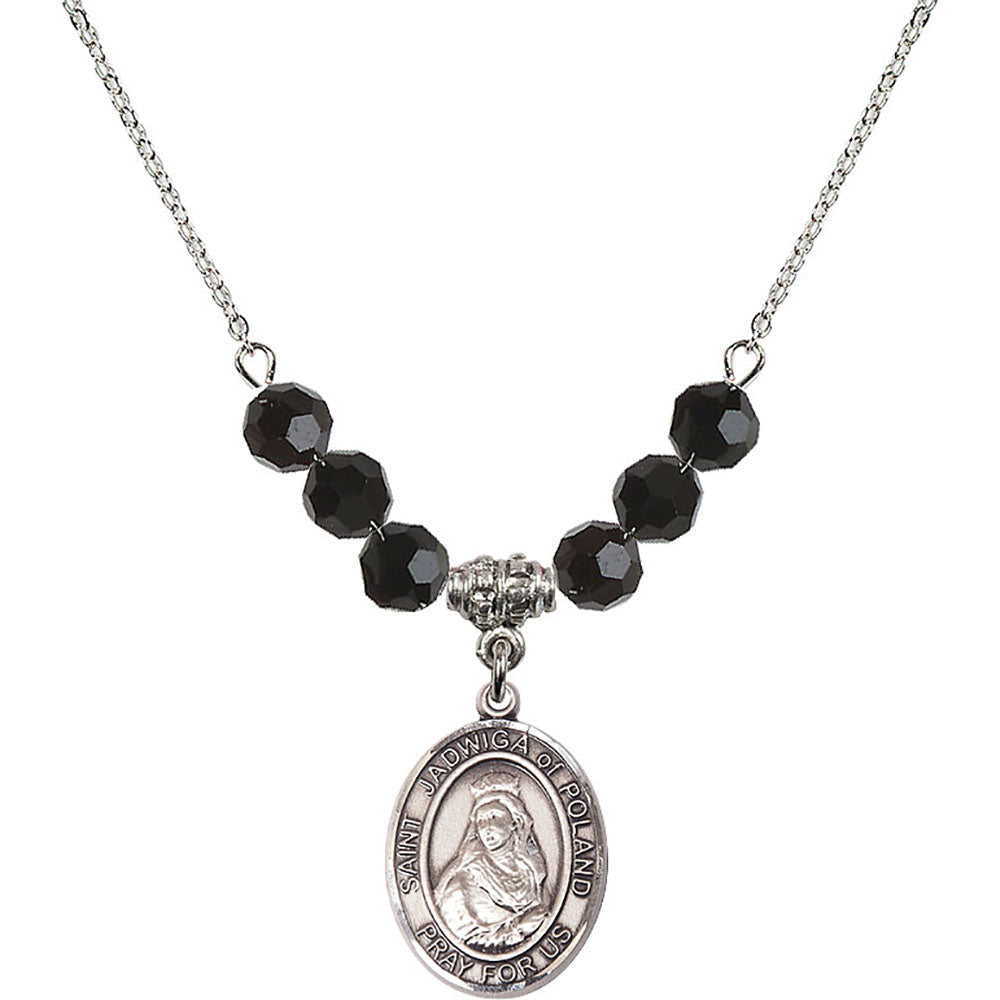 Sterling Silver Saint Jadwiga of Poland Birthstone Necklace with Jet Beads - 8434