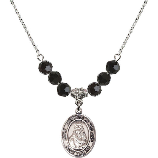 Sterling Silver Saint Jadwiga of Poland Birthstone Necklace with Jet Beads - 8434