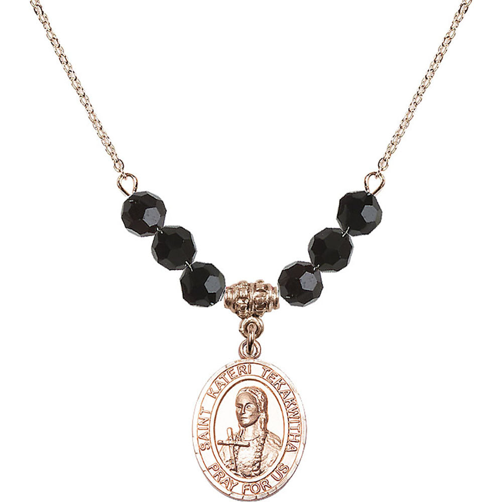 14kt Gold Filled Saint Kateri Tekakwitha Birthstone Necklace with Jet Beads - 8438