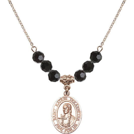 14kt Gold Filled Saint Kateri Tekakwitha Birthstone Necklace with Jet Beads - 8438