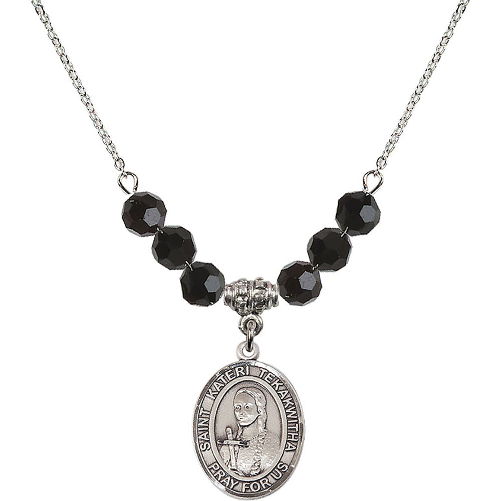 Sterling Silver Saint Kateri Tekakwitha Birthstone Necklace with Jet Beads - 8438