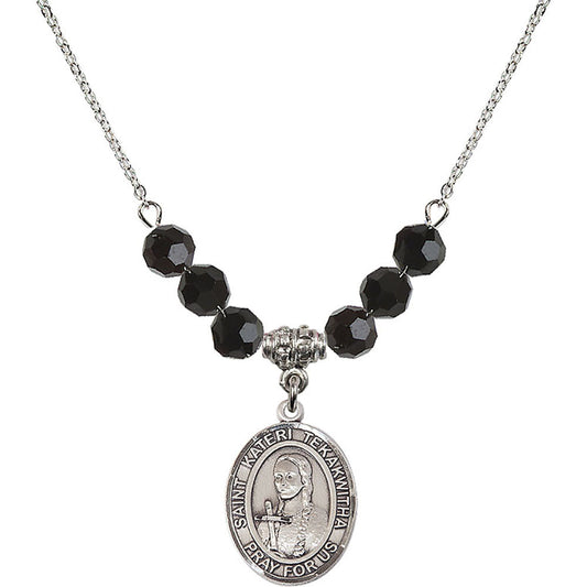 Sterling Silver Saint Kateri Tekakwitha Birthstone Necklace with Jet Beads - 8438