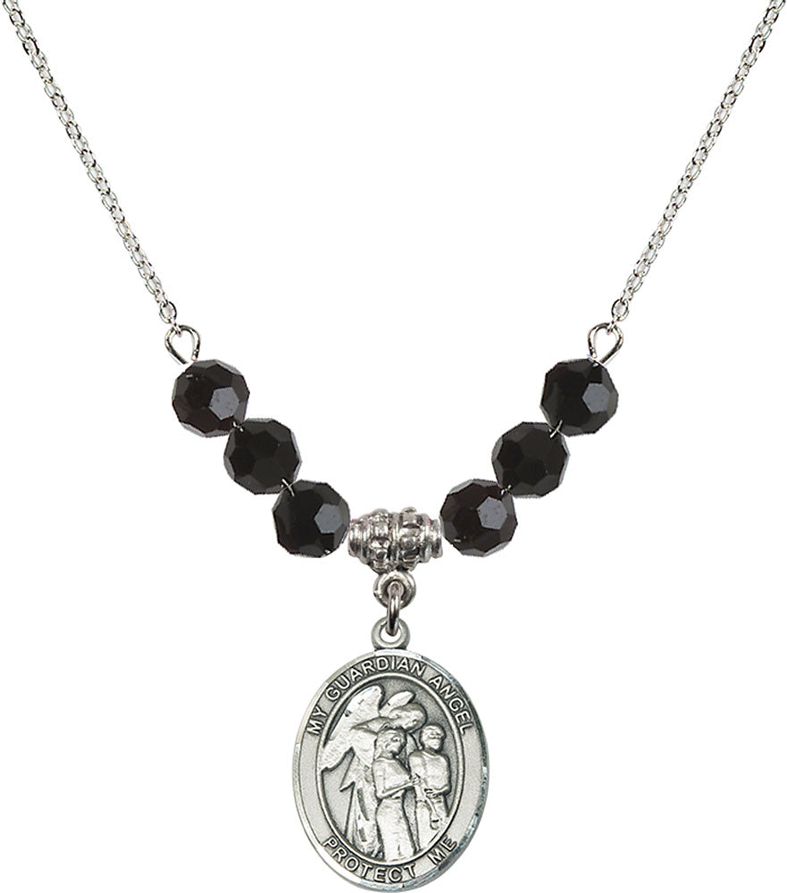 Sterling Silver Guardian Angel w/Children Birthstone Necklace with Jet Beads - 8439