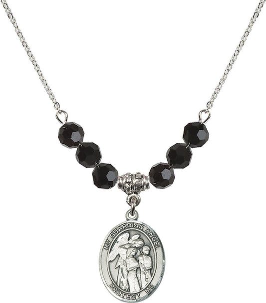 Sterling Silver Guardian Angel w/Children Birthstone Necklace with Jet Beads - 8439