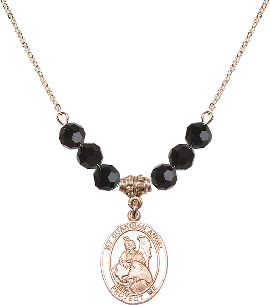 14kt Gold Filled Guardian Angel Protector Birthstone Necklace with Jet Beads - 8440