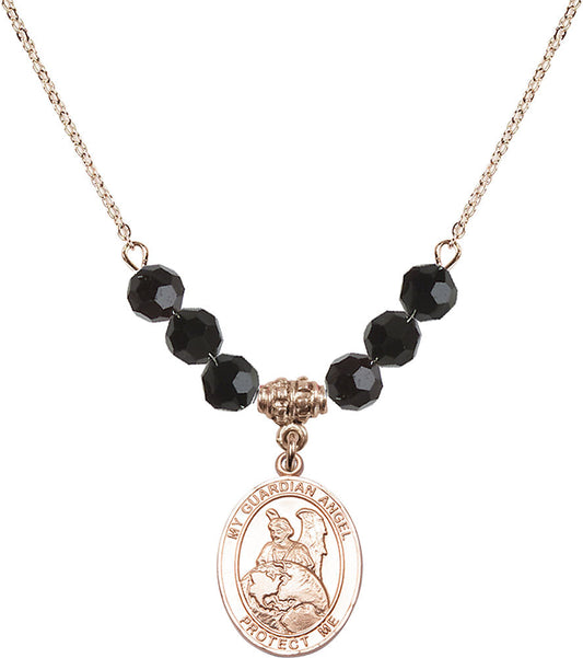 14kt Gold Filled Guardian Angel Protector Birthstone Necklace with Jet Beads - 8440