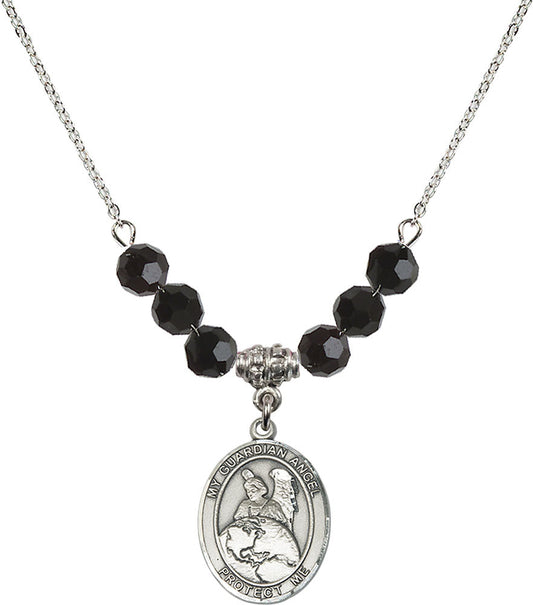Sterling Silver Guardian Angel Protector Birthstone Necklace with Jet Beads - 8440