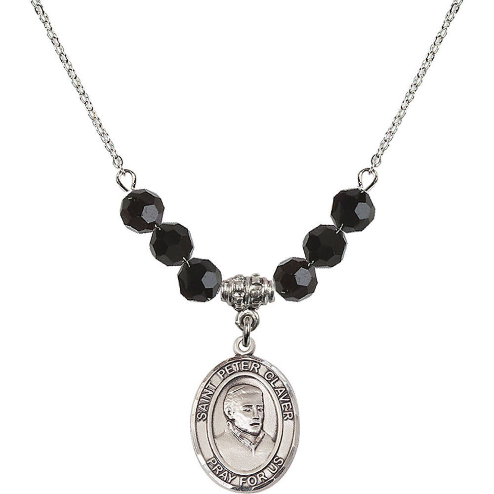 Sterling Silver Saint Peter Claver Birthstone Necklace with Jet Beads - 8442