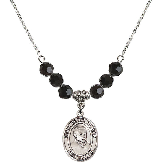 Sterling Silver Saint Peter Claver Birthstone Necklace with Jet Beads - 8442