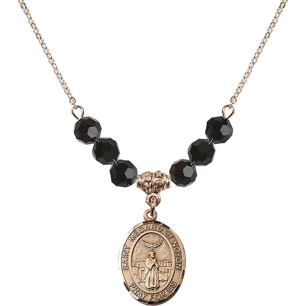 14kt Gold Filled Saint Medard of Noyon Birthstone Necklace with Jet Beads - 8444