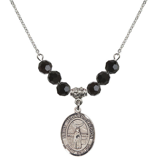 Sterling Silver Saint Medard of Noyon Birthstone Necklace with Jet Beads - 8444