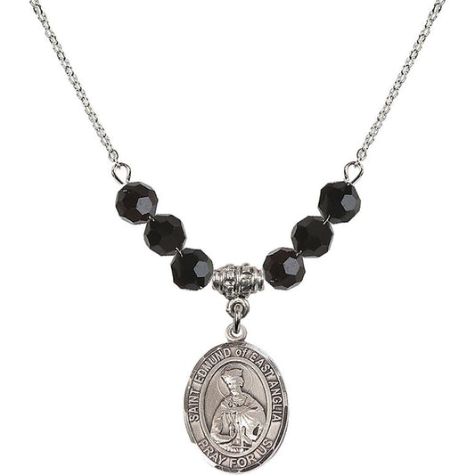 Sterling Silver Saint Edmund of East Anglia Birthstone Necklace with Jet Beads - 8445