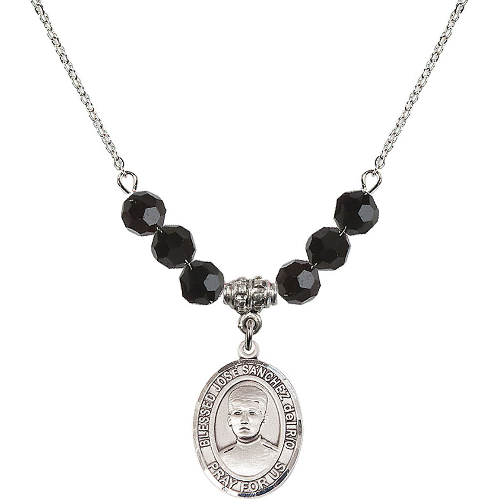 Sterling Silver Blessed Jose Sanchez del Rio Birthstone Necklace with Jet Beads - 8446