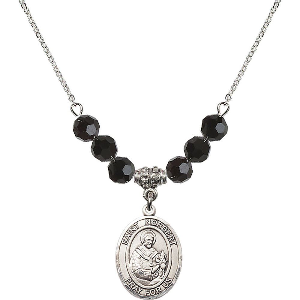 Sterling Silver Saint Norbert of Xanten Birthstone Necklace with Jet Beads - 8447