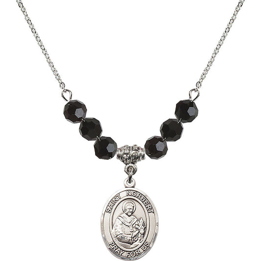Sterling Silver Saint Norbert of Xanten Birthstone Necklace with Jet Beads - 8447
