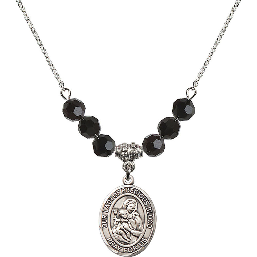 Sterling Silver Our Lady of the Precious Blood Birthstone Necklace with Jet Beads - 8448