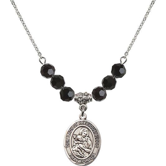 Sterling Silver Our Lady of the Precious Blood Birthstone Necklace with Jet Beads - 8448
