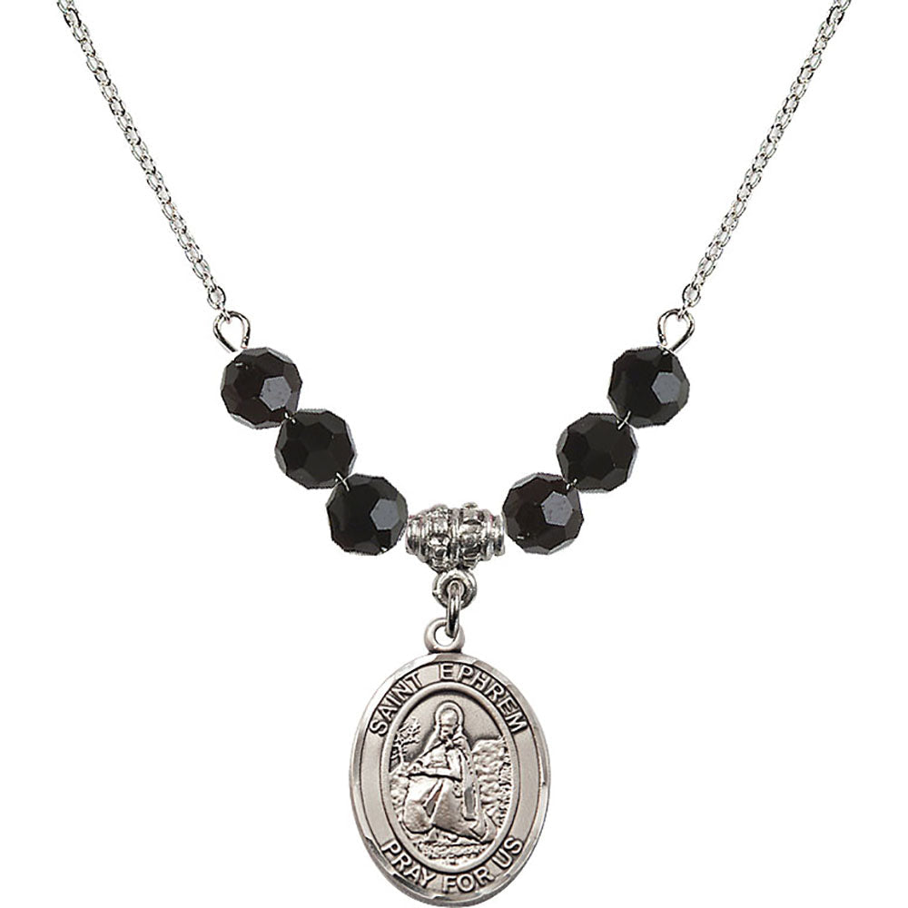 Sterling Silver Saint Ephrem Birthstone Necklace with Jet Beads - 8449